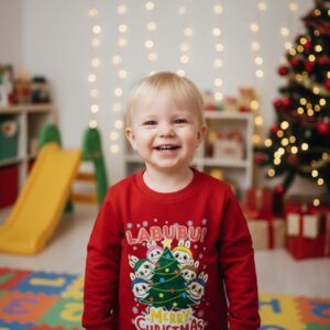 Sevimli Labubu Figürlü Kırmızı Yılbaşı Temalı Çocuk Sweatshirt