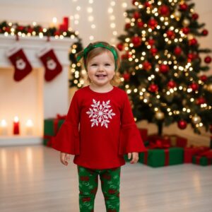 Kız Çocuk Kar Tanesi Baskılı Kırmızı Çan Kollu Üst ve Geyik Desenli Yeşil Tayt Takımı