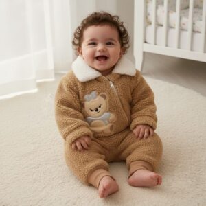 Peluş Tüylü Ayıcıklı Fermuarlı Kışlık Bebe Tulum