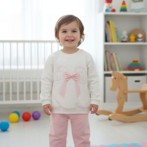 Sevimli Fiyonk Desenli Organik Pamuklu Bebek Sweatshirt ve Eşofman Altı Takımı