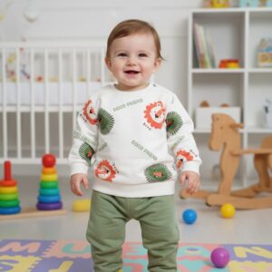 Orman Serisi Aslan Baskılı Pamuklu Bebek Sweatshirt ve Eşofman Altı Takımı