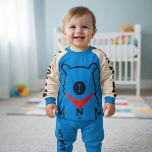 Erkek Bebek Mavi Ayıcık Baskılı 2 Li takım