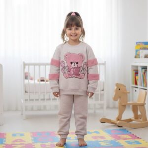 Pembe Peluş Kollu ve Simli Ayıcık Baskılı Kız Çocuk Eşofman Takımı – Açık Gri Melanj