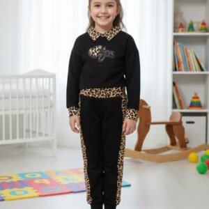 Leopar Yakalı ve Şeritli Kız Çocuk Sweatshirt ve Eşofman Takımı – Siyah/Kahve