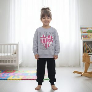 LOVE HAPPY SHINE" Baskılı Çocuk Sweatshirt ve Eşofman Altı Takımı – Gri Melanj/Siyah