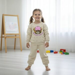 Kız Çocuk Yumuşak Kumaş Ayıcık Desenli Sweat & Alt Takım