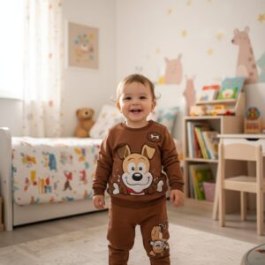 Yumuşak Kumaş Köpek Baskılı Kahverengi Çocuk Takımı