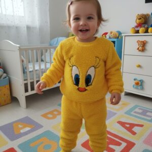 Sarı Peluş Kışlık Kapüşonsuz Bebek Eşofman Takımı (Sıcak Tutan)